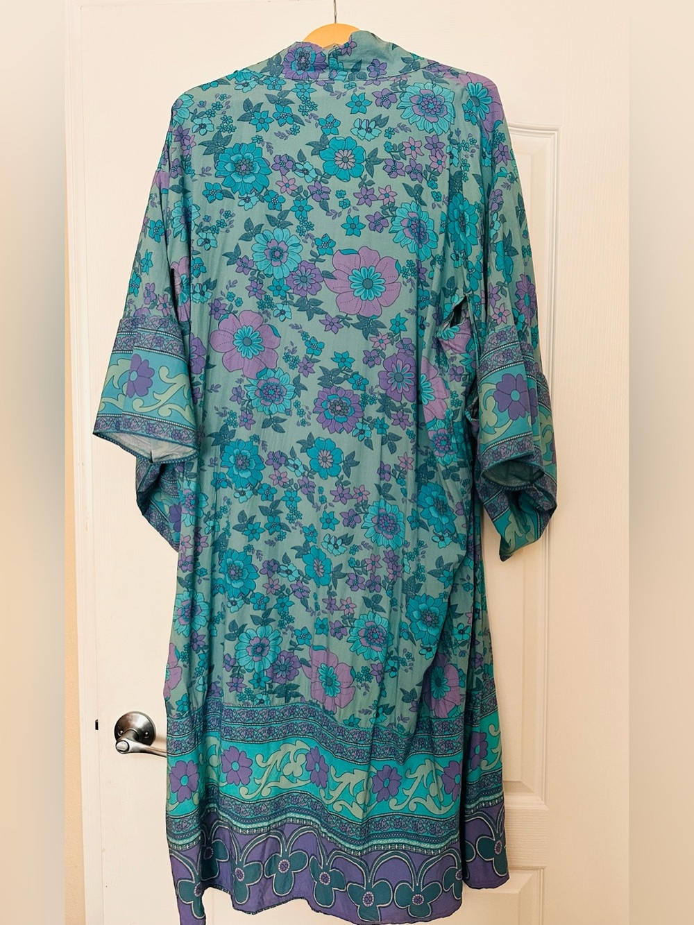 Floral Satin Kimono Robe in Teal & Purple - Picture 4 of 6